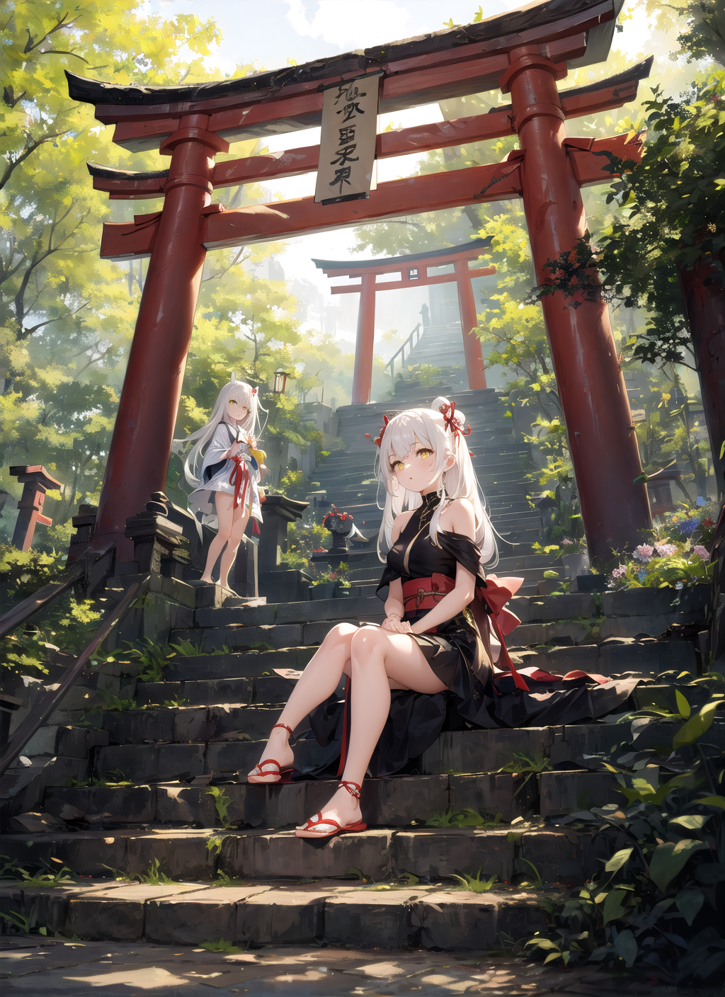 12564-1511469146-masterpiece, best quality, 2girls, yellow eyes, long hair, white hair, tree, stairs, torii, sitting,.png